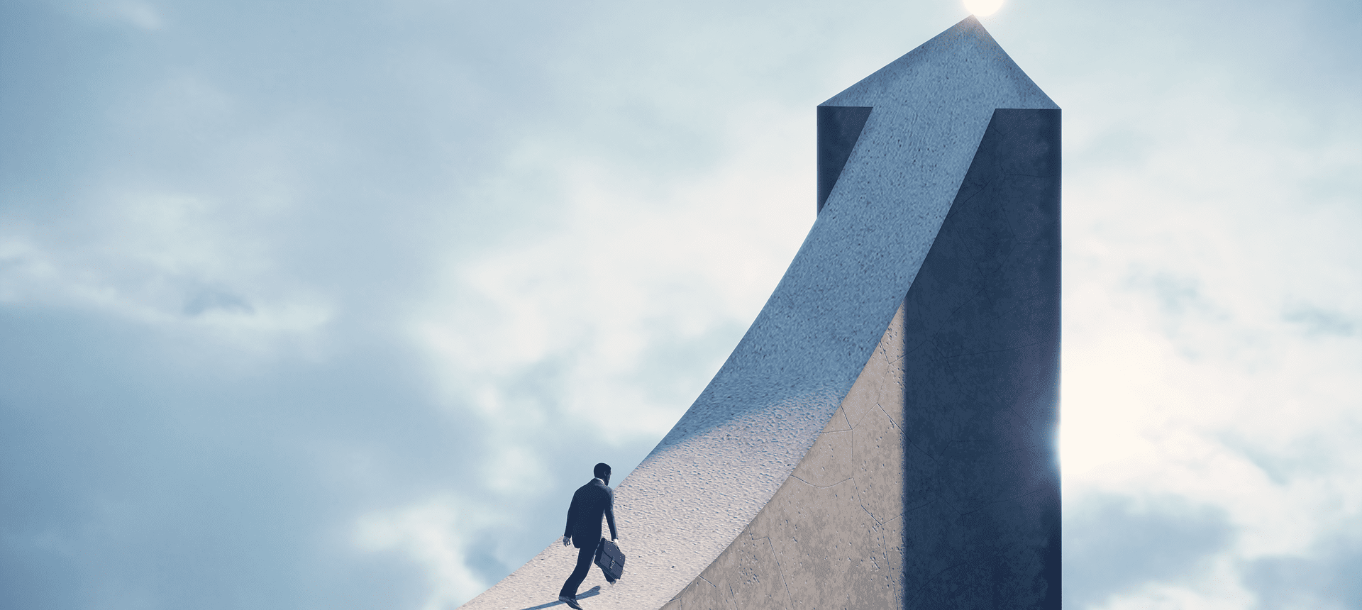 Person climbing arrow-shaped structure towards sky.